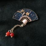 Blue flower and bird hand-fan brooch