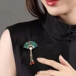 Blue flower and bird hand-fan brooch-2
