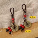 Brass copper coin red black ball braided rope keychain-1