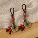 Brass copper coin red black ball braided rope keychain