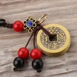 Brass copper coin red black ball braided rope keychain-2