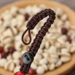 Brass copper coin red black ball braided rope keychain-3