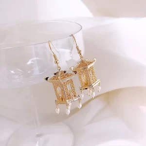 Gold Drop Bead Pavilion Shaped Design Dangle Earrings