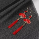 Red Jewelry Fan Drop Tassel Dangle Earrings-1