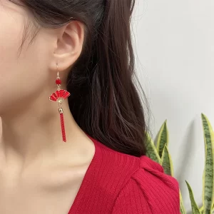Red Jewelry Fan Drop Tassel Dangle Earrings