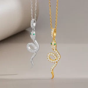 Sterling Silver Snake Inlaid Zircon Chain Pendant Necklace