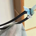 U-shaped Flower Blue Butterfly Wooden Hairpin-1