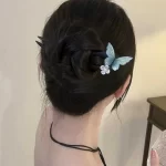 U-shaped Flower Blue Butterfly Wooden Hairpin