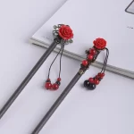 2 Pieces Rose Flower Wooden Sticks Retro Hairpins With Tassels