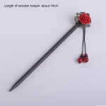 2 Pieces Rose Flower Wooden Sticks Retro Hairpins With Tassels-3