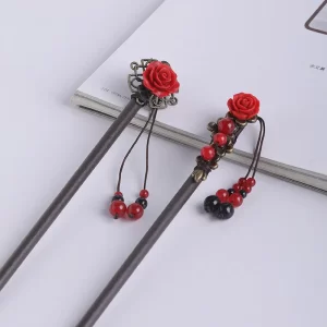 2 Pieces Rose Flower Wooden Sticks Retro Hairpins With Tassels