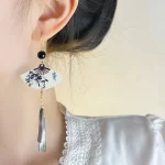 Bamboo Ink Fan Resin Tassel Ear Hook Earrings-1
