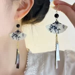 Bamboo Ink Fan Resin Tassel Ear Hook Earrings