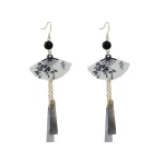 Bamboo Ink Fan Resin Tassel Ear Hook Earrings-3