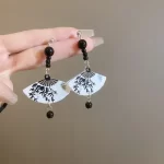 Bamboo Ink Painting Fan Shaped Resin Studs Earrings