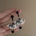 Bamboo Ink Painting Fan Shaped Resin Studs Earrings-2