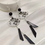 Black Bamboo Pattern Fan-shaped Earrings With Tassels-1