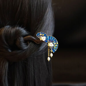 Blue Double Fan Sandalwood Hairpin