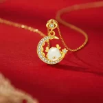 Golden Cute Dragon Loong Moon Pendant Necklace-2