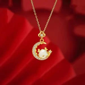 Golden Cute Dragon Loong Moon Pendant Necklace