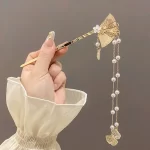 Golden Fan Hairpin with Apricot Leaf Tassel