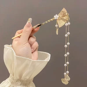Golden Fan Hairpin with Apricot Leaf Tassel