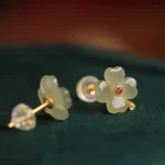 Imitation Hotan Jade Four Leaves Clover Studs Earrings
