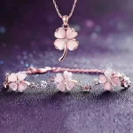 Pink Four Leaf Clover Necklace Bracelet Set