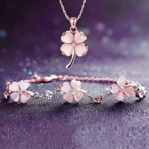 Pink Four Leaf Clover Necklace Bracelet Set