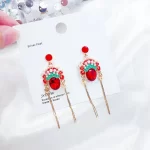 Red Crystal Peking Opera Tassel Studs Earrings-2