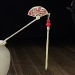 Red Fan Hairpin with Long Tassels-1