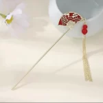 Red Fan Hairpin with Long Tassels
