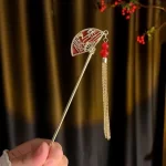 Red Fan Hairpin with Long Tassels-2