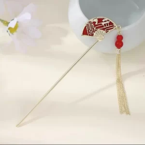 Red Fan Hairpin with Long Tassels