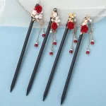 Red Rose Straight Hairpin With Beads Tassels-1