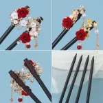 Red Rose Straight Hairpin With Beads Tassels-2
