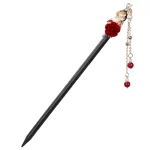 Red Rose Straight Hairpin With Beads Tassels-3