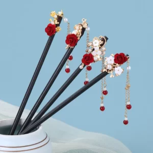 Red Rose Straight Hairpin With Beads Tassels