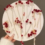 Red Rose U-Shaped Tassel Hairpin-1