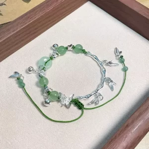 Silver Bamboo Green Butterfly Ping An Buckle Bead Bracelet
