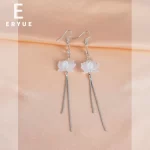 White Lotus Earrings With Silver Tassels-1