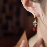 Blue Lotus Cinnabar Bead Earrings-1