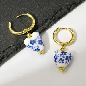 Flower Patterned Heart-shaped Ceramic Earrings