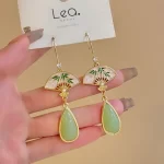 Green Bamboo Fan Water Droplet Pendant Earrings-3