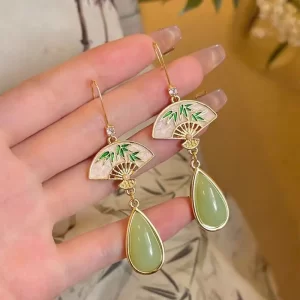 Green Bamboo Fan Water Droplet Pendant Earrings
