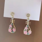 Pink Flower Pipa Ear Stud Earrings