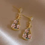 Pink Flower Pipa Ear Stud Earrings-2