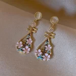 Pink Flower Pipa Ear Stud Earrings-3