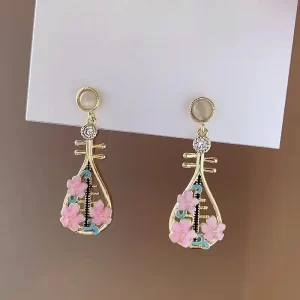 Pink Flower Pipa Ear Stud Earrings