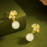 925 Silver Apricot Leaves Stud Earrings with Round Beads-2